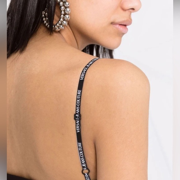 VERSACE JEANS V-Neck Mini Dress VERSACE WOMEN Logo straps mini dress Black - Picture 8 of 9